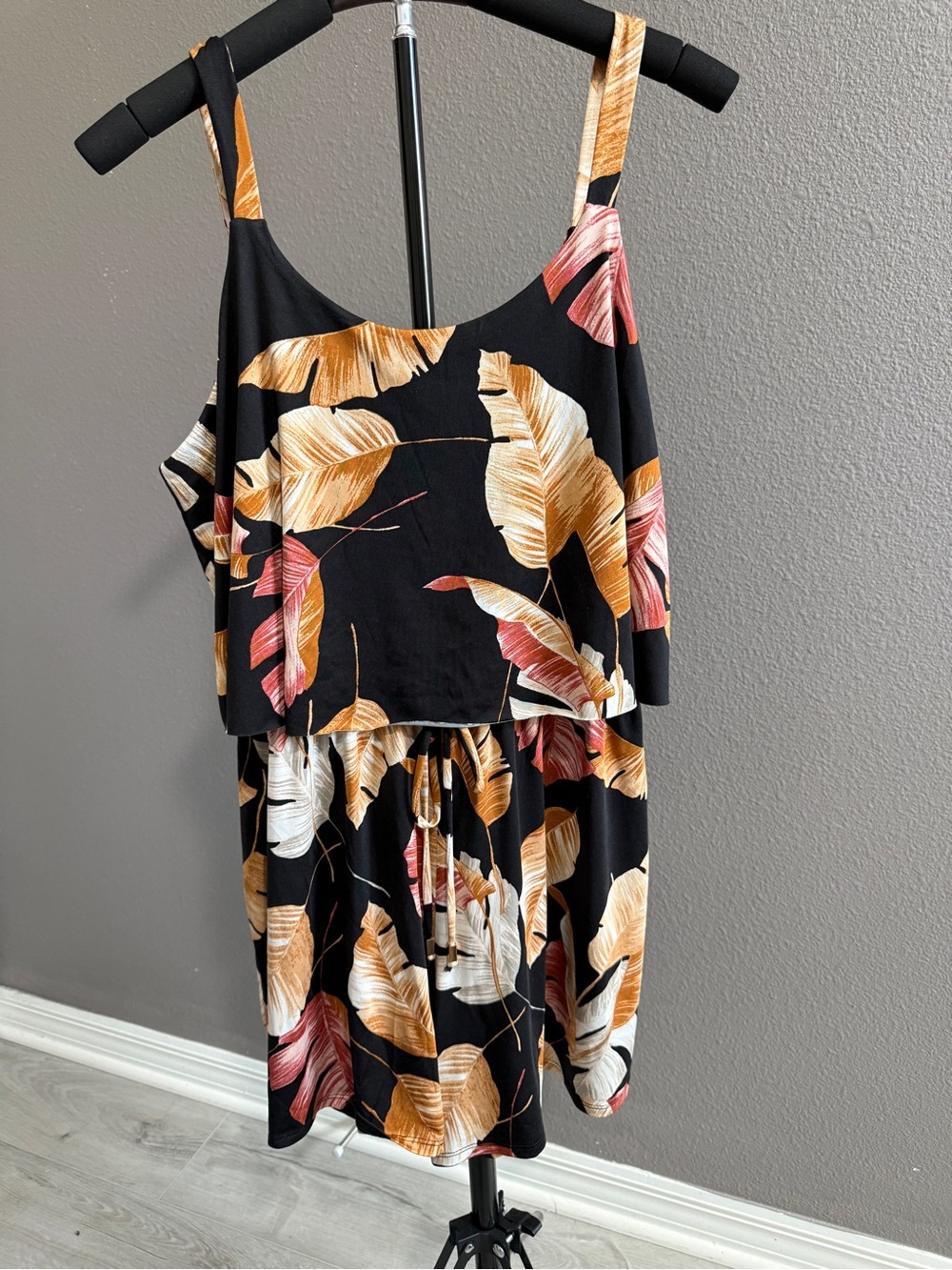 Women's Black Tropical Leaf Print Romper